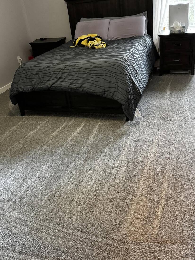 Freshly cleaned bedroom carpet with visible vacuum lines after an RX Cleaning Services visit
