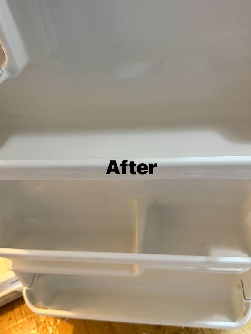 Same refrigerator shelf and bin clean after RX Cleaning Services cleaning