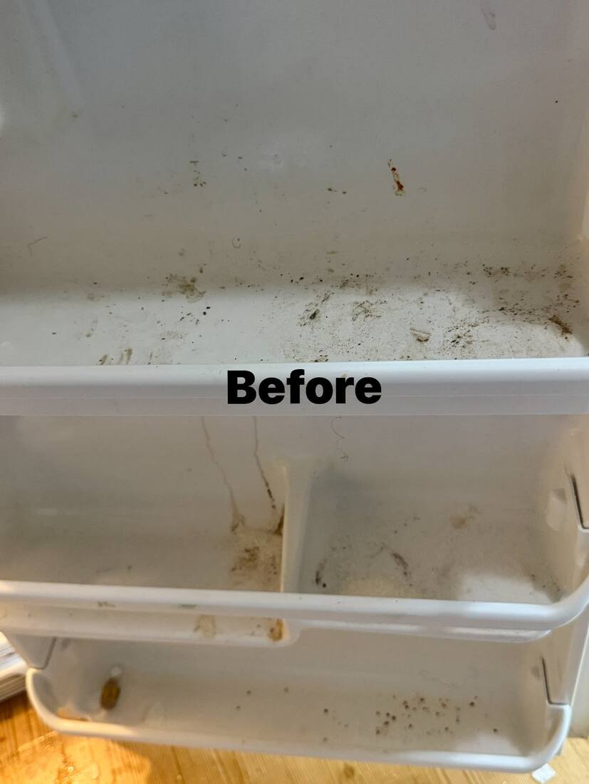 Refrigerator shelf and bin with visible grime and residue before cleaning