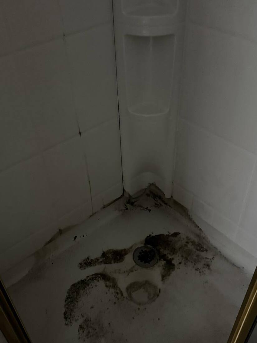 Shower corner and drain with heavy dark grime buildup before deep cleaning